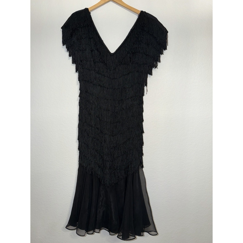 Vintage TD4 by Eletra Black Fringe Flapper Dress Size 9/10 1980s Gatsby